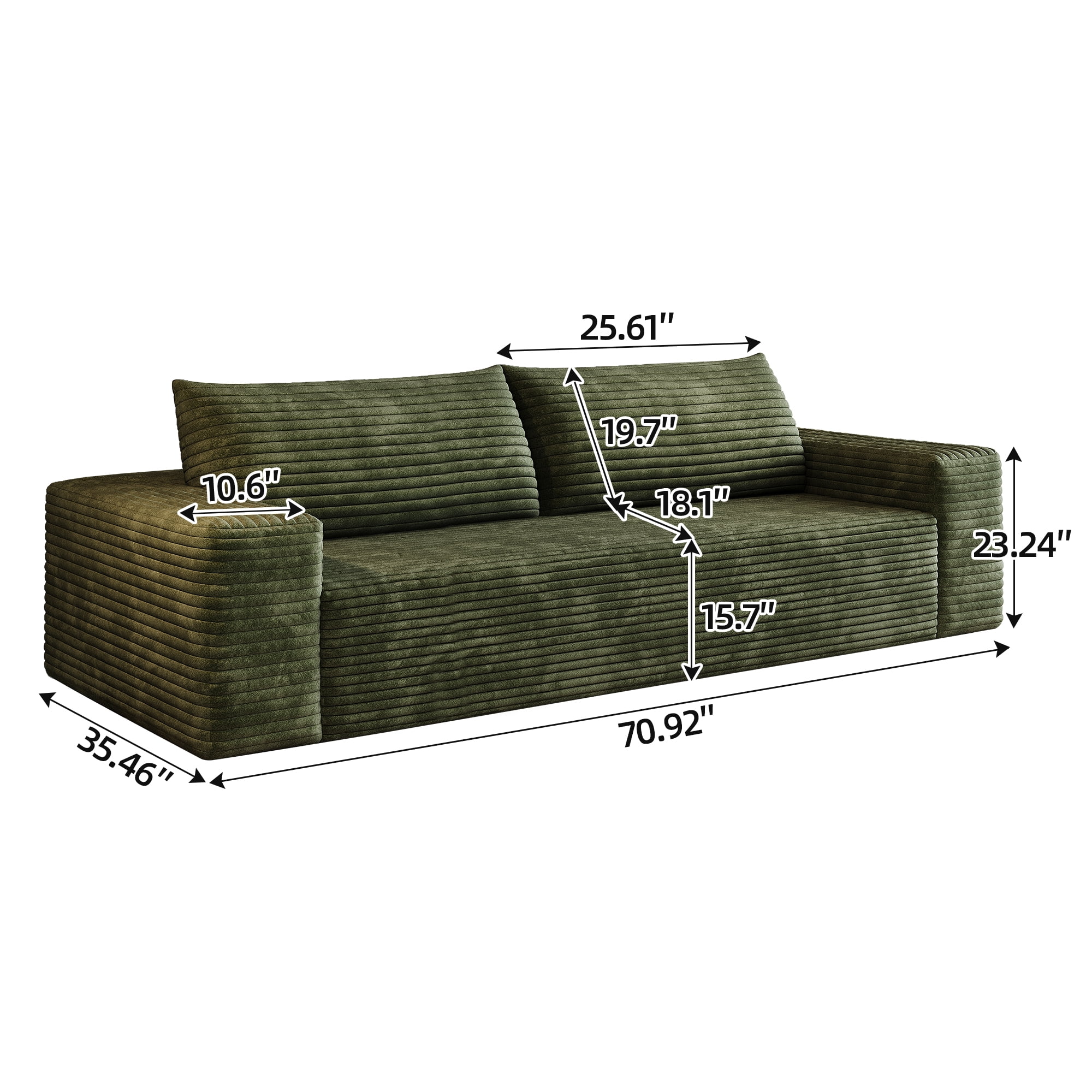 Aukfa 3-Seater Corduroy Sofa, Deep Seat Cloud Couch, No Assembly Frameless Loveseat for Living Room, Bedroom, Apartment, Green