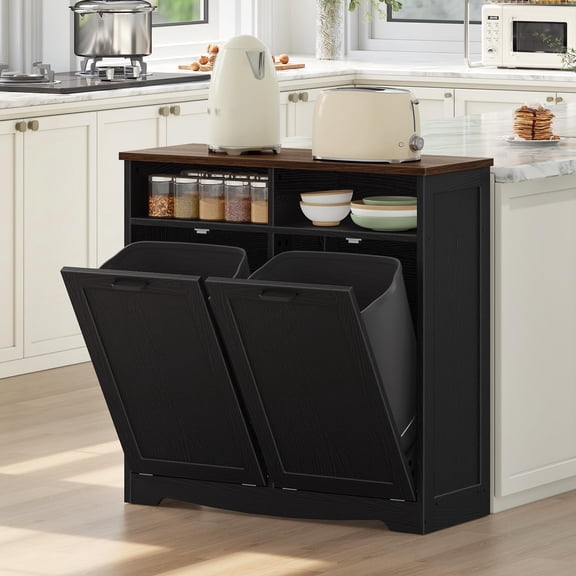 Kitchen Trash Can Cabinet, Double Hidden Tilt Out Trash Bin Storage, Large Sideboard Organizer Hutch, Modern Farmhouse Storage Cabinet For Dining Room Kitchen, Black Walnut