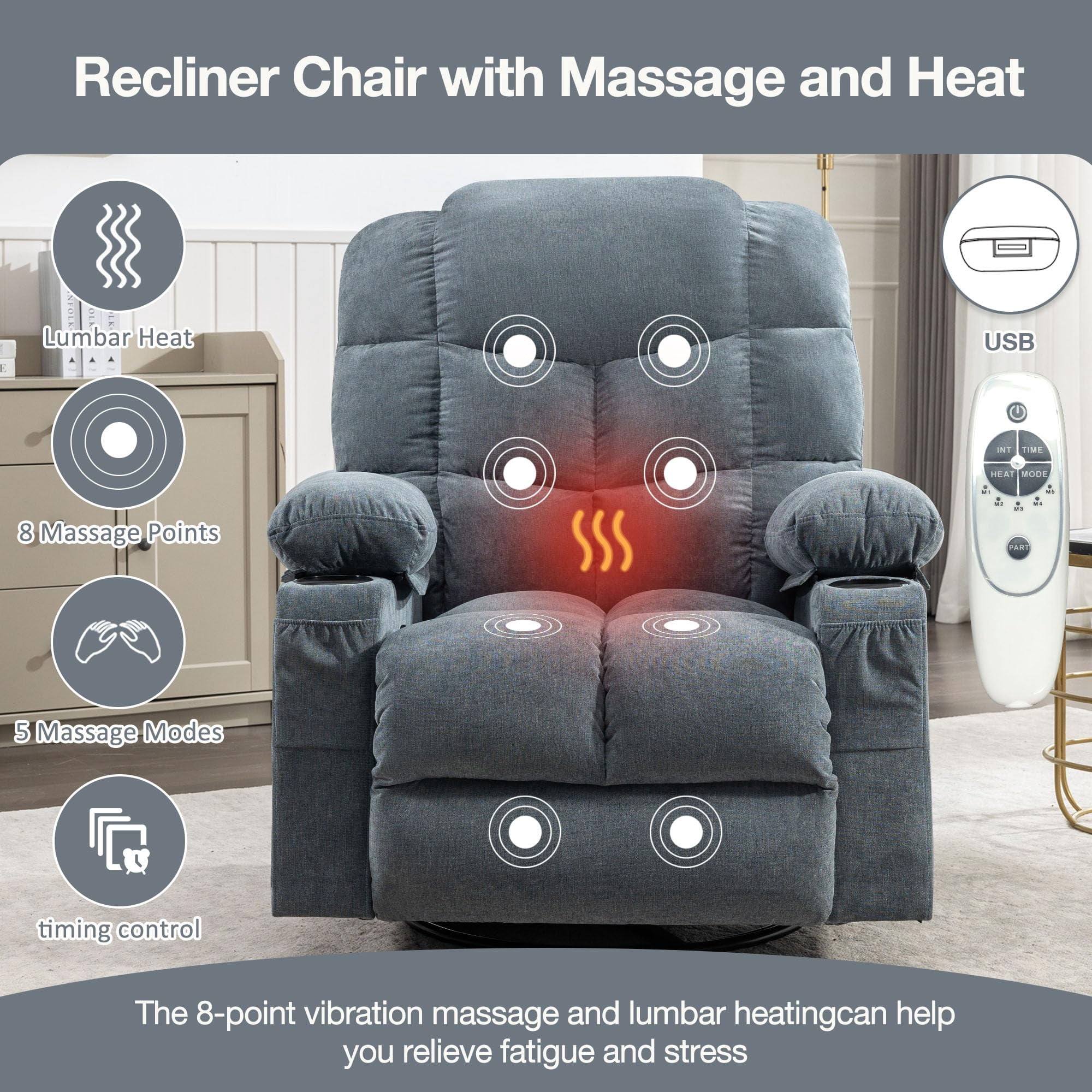 CARZZI LIFE Oversized Massage Swivel Recliner Chair with Lumbar Heating for Living Room Rocker Recliner Single Sofa with Cup Holders and USB Charge Port, Large Big Chair Recliners for Adult