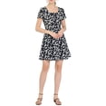 thumbnail image 2 of INSPIRE CHIC Women's Printed Square Neck Short Sleeve A-Line Prom Dress L Black-Daisy, 2 of 8