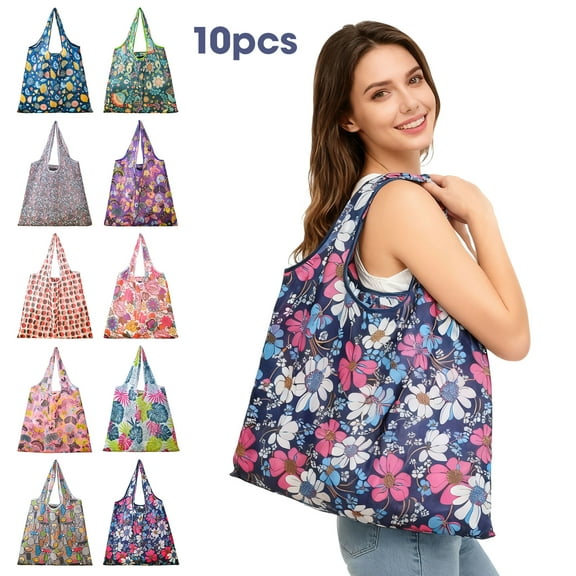 10pcs Reusable Grocery Bags, EEEKit Foldable Fashion Shopping Bags, Large Tote Bags for Groceries, Holiday Beach Bags for Women