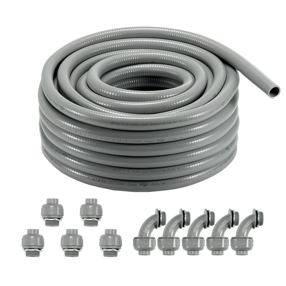 VEVOR 1-Inch Flexible Electrical Conduit, 100 ft, PVC Liquid-Tight Conduit Non-Metallic with 5 Straight and 5 90-Degree Conduit Connector Fittings.
