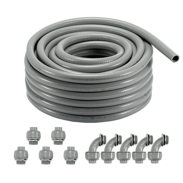 VEVOR 1-Inch Flexible Electrical Conduit, 100 ft, PVC Liquid-Tight Conduit Non-Metallic with 5 Straight and 5 90-Degree Conduit Connector Fittings.