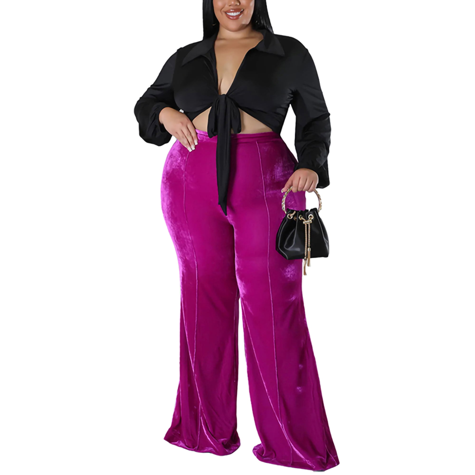 Fashnice Pantalons Dames Plus Pantalons de Taille de Couleur Unie Bas Salon d Hiver Pantalon Palazzo Rose Violet 2XL Walmart