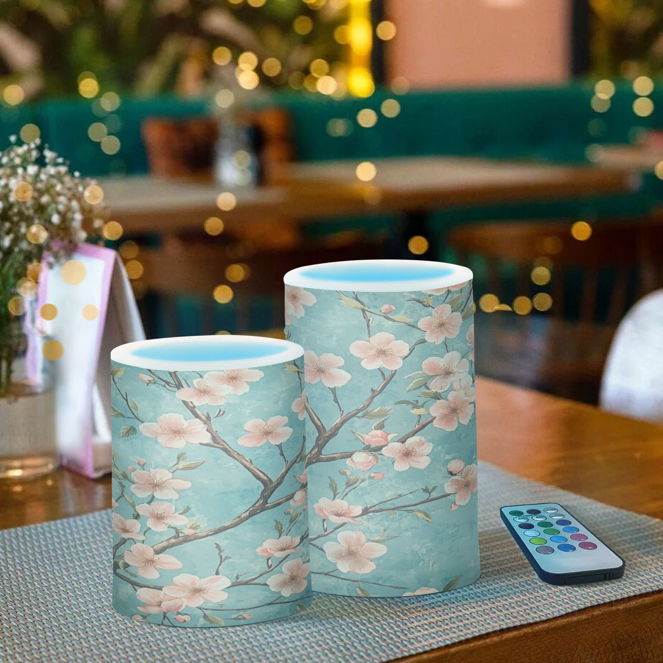 WOBOGO Size Combo Candle Flickering Flameless with Remote Control and Timer for Romantic Atmosphere Peach Blossom Pattern