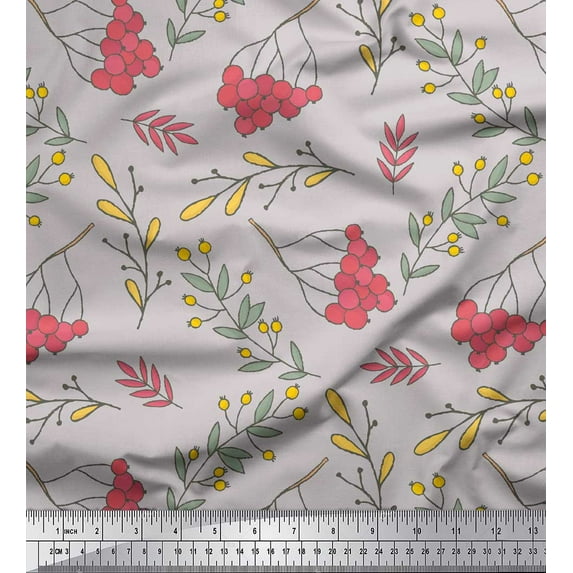 Soimoi Gray Cotton Duck Fabric Red Berries & Leaves Print Fabric by the Yard 42 Inch Wide