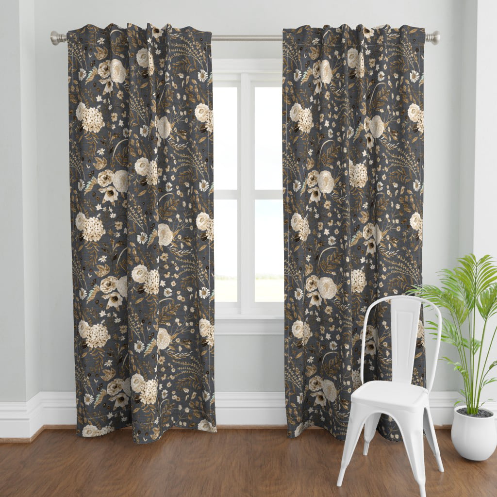 Curtain Panel, 96", Linen Cotton Canvas Sonetto Floral Brown Neutral Sepia Print Custom Treatments by Spoonflower - Walmart.com