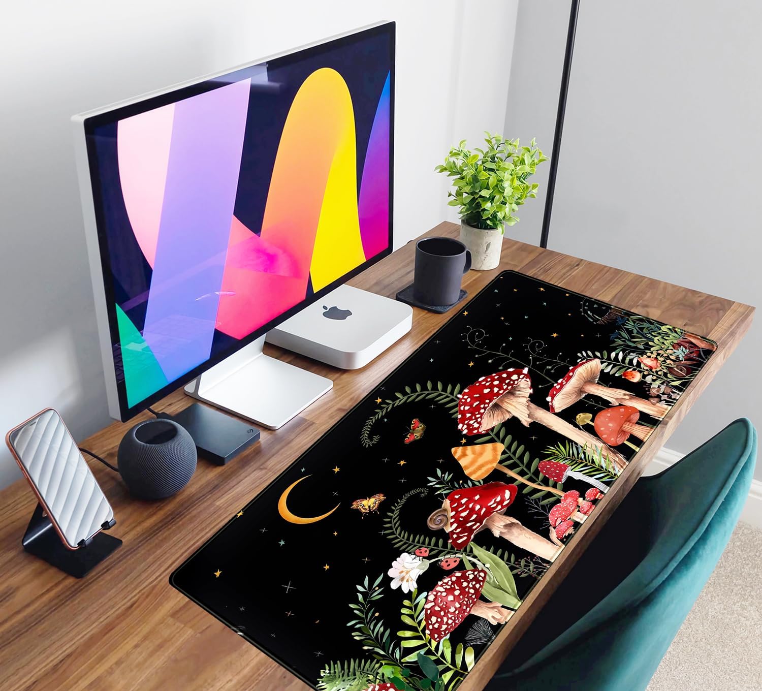 Ferns Leaves Cute Mushrooms Desk Mat Kawaii Green Plants Mouse Pad Xl Mat Large Gaming Desk Pad For Desk Decor Laptop Computer Keyboard Pad Desk Home Office For Women With Stitched Rounds 31.5x15.7 I
