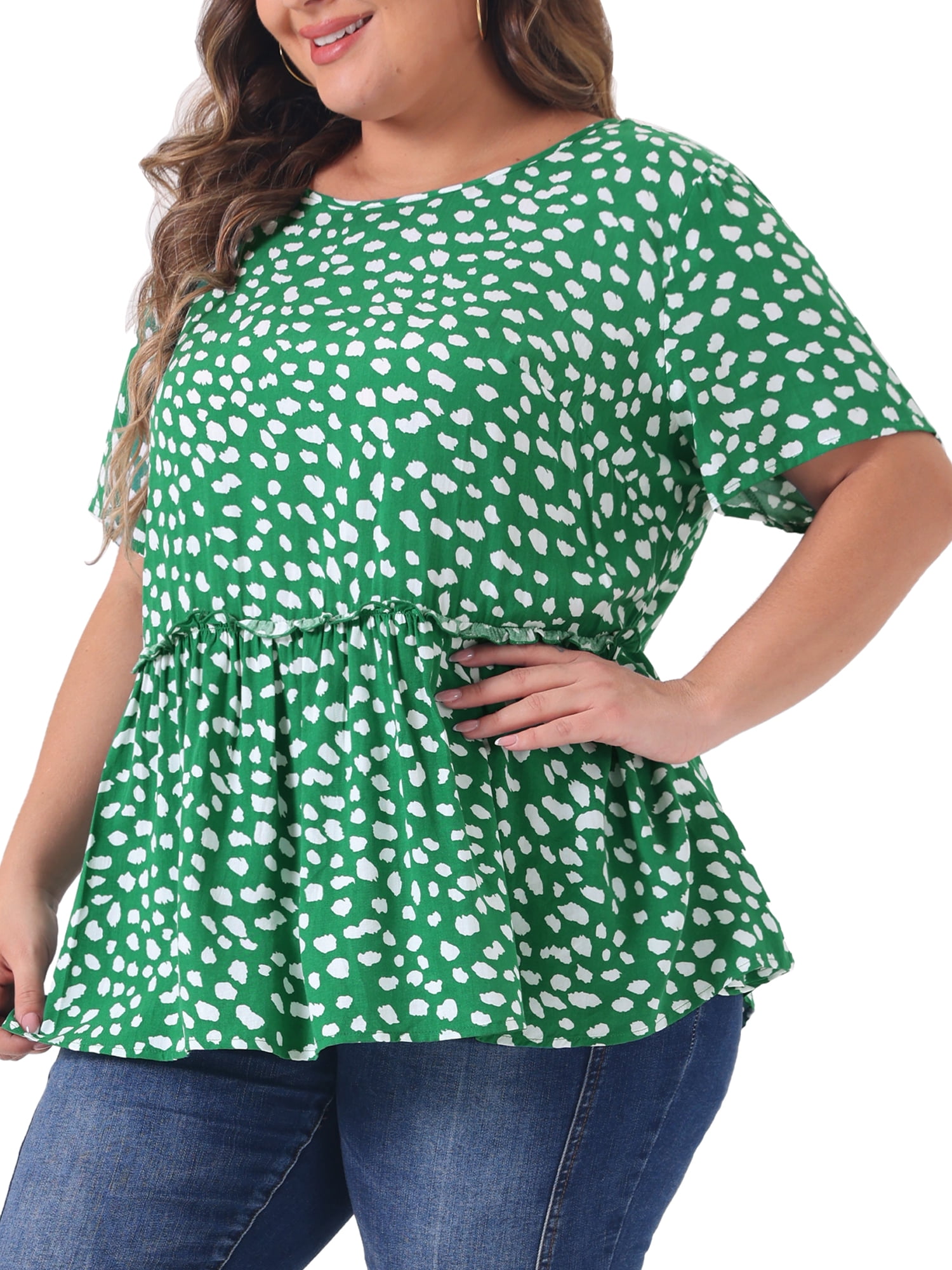 DARING DIVA Women's Plus Polka Dots Crew Neck Peplum Blouse 4X Dark Green