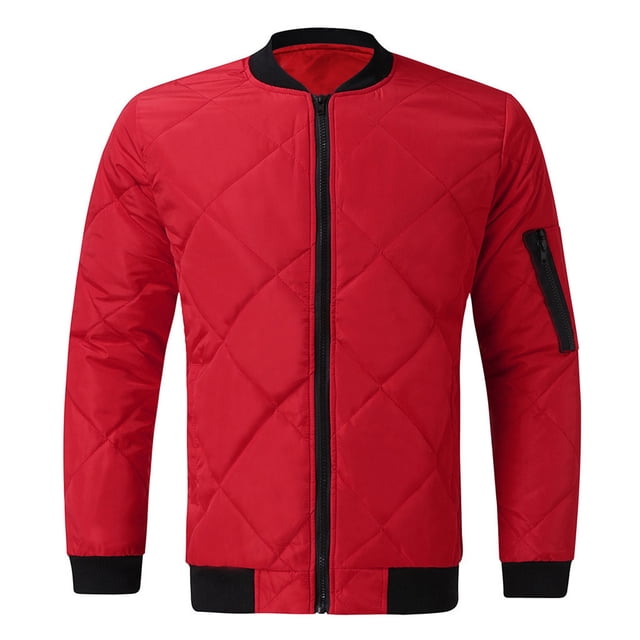 RKSTN Jackets for Men Winter Solid Color Stand-up Collar Zipper Cotton Jacket Lightweight Windproof Stitched Pockets Jacket