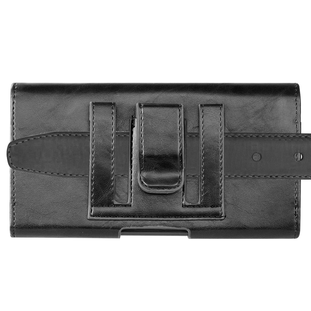 6.5-inch Horizontal Black PU Leather Cell Phone Holster Universal Fit with Belt Clip, Embossed Eagle Design
