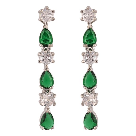 Ratnavali Jewels Silver Plated Cubic Zirconia Dangle Drop Sleek Earrings For Women Statement Jewelry Wedding Brides (Green)