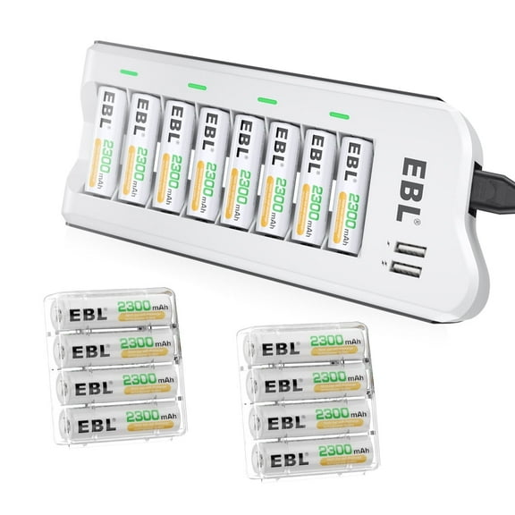EBL AA Rechargeable Batteries, 16 Pack with Battery Charger and 2 USB Charging Ports