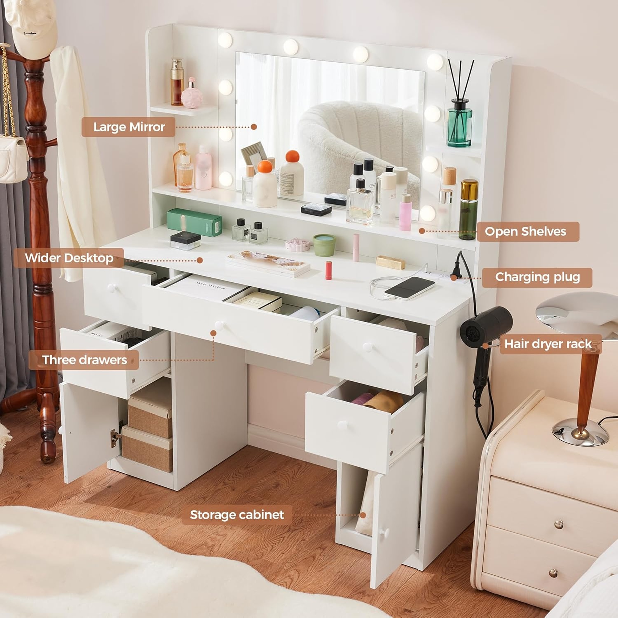 Coiffeuse Lumineuse Avec Miroir Grand, Tiroirs Et éclairage RGB - Table Maquillage Avec Station USB - Design Moderne