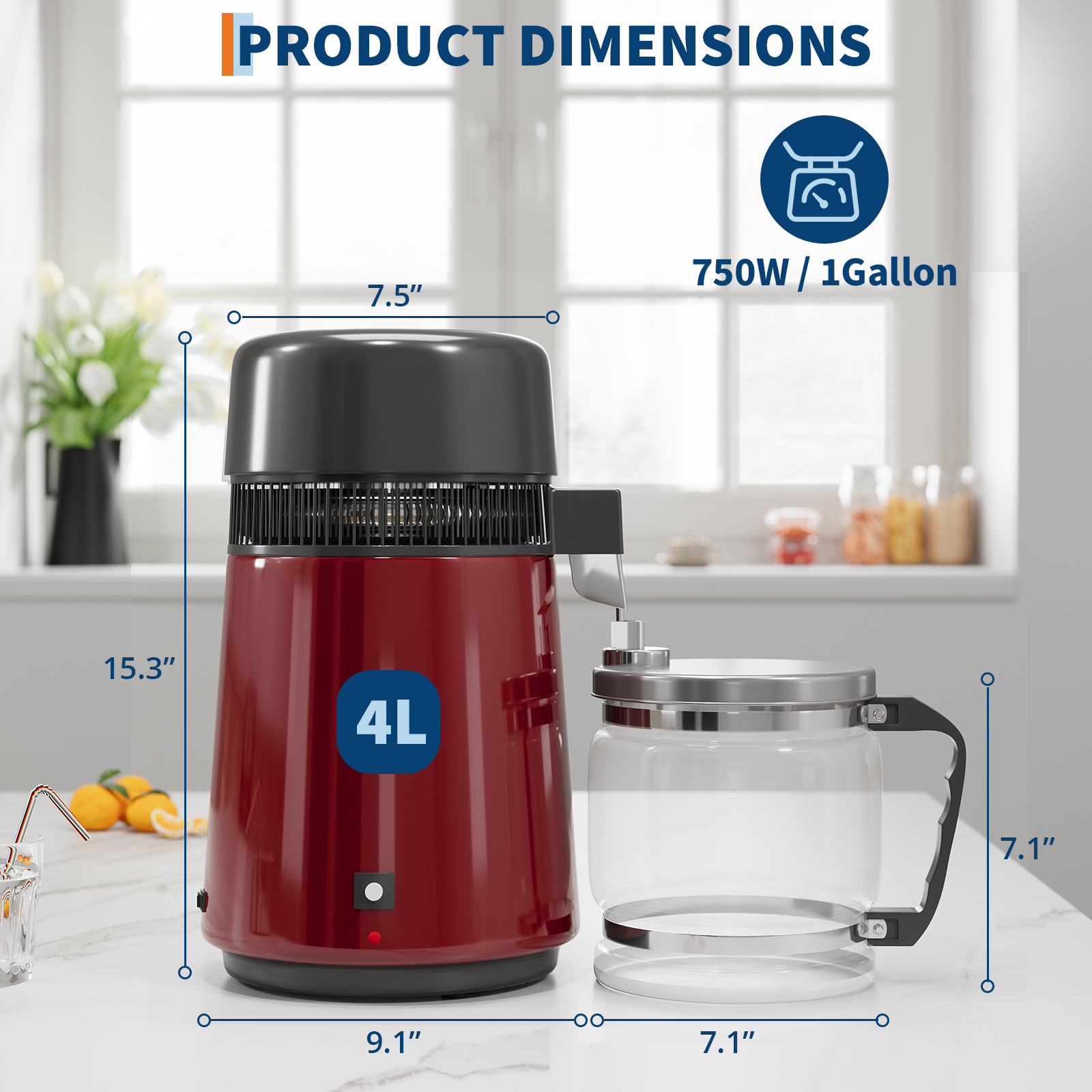 OUTGOODS Stainless Steel Water Distiller 4L 750W with Glass Jug, Gold/Red/Silver