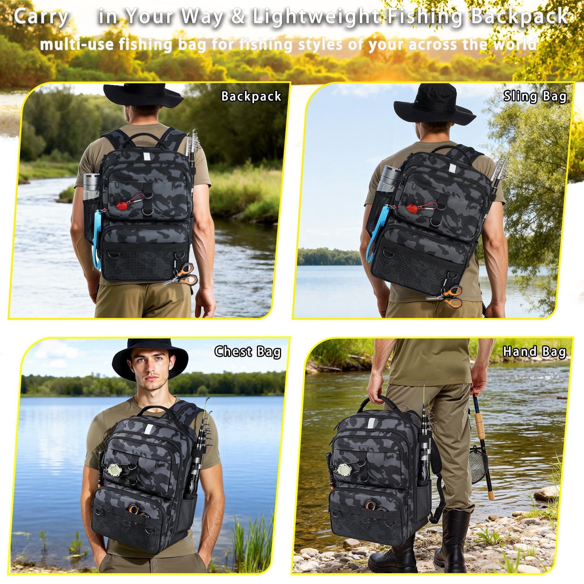 Fishing Backpack With Tackle Boxes And Rod Holder  24l Sling Bag Lures Kit Gear Gifts For Men Women - Black Camo