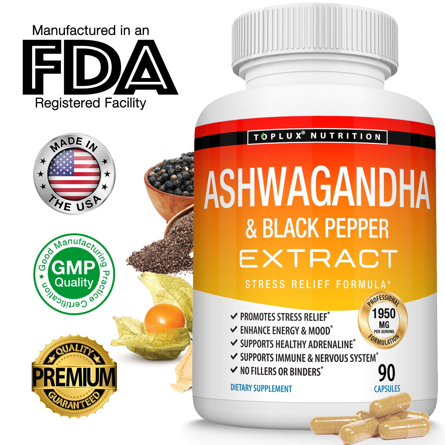 Ashwagandha 90 Capsules 1950MG Vegan Pills with Black Pepper Extract Best Root Powder
