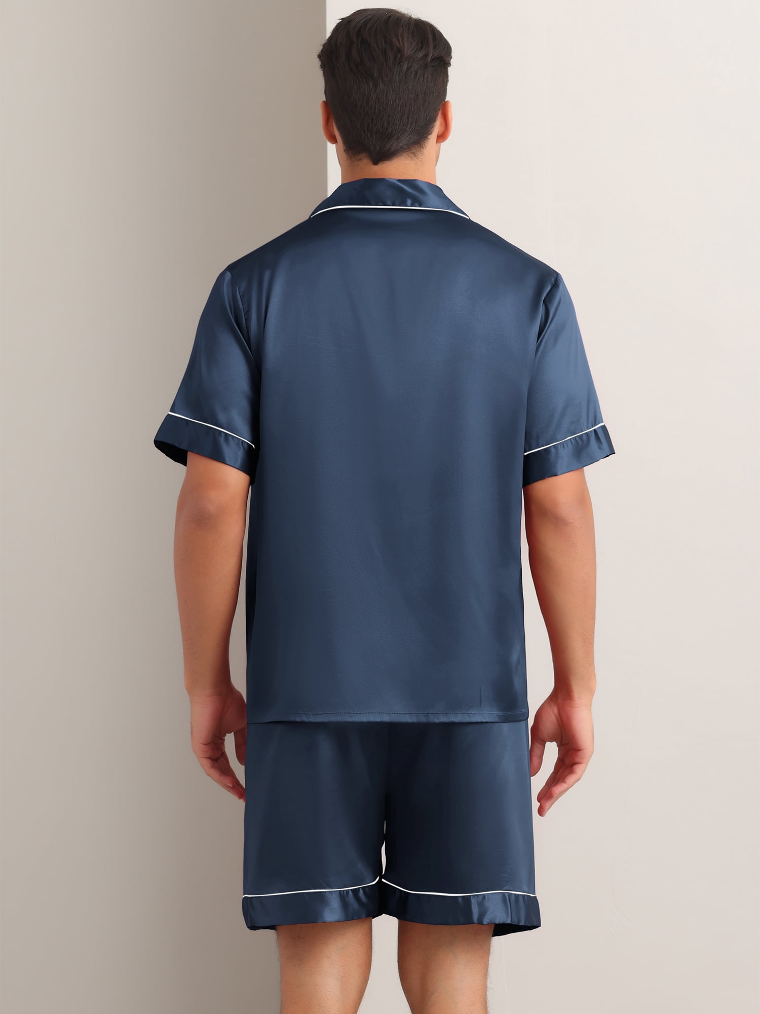 DARING DIVA Men's 2-Piece Satin Short Sleeve Nightwear Shorts Pajamas Set S Dark Blue