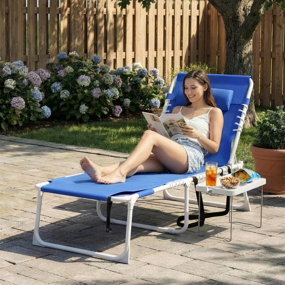 Outsunny Tanning Chair with Face Hole, Side Table, 5-Position Folding Outdoor Chaise Lounge Chair with Carry Straps, Navy Blue