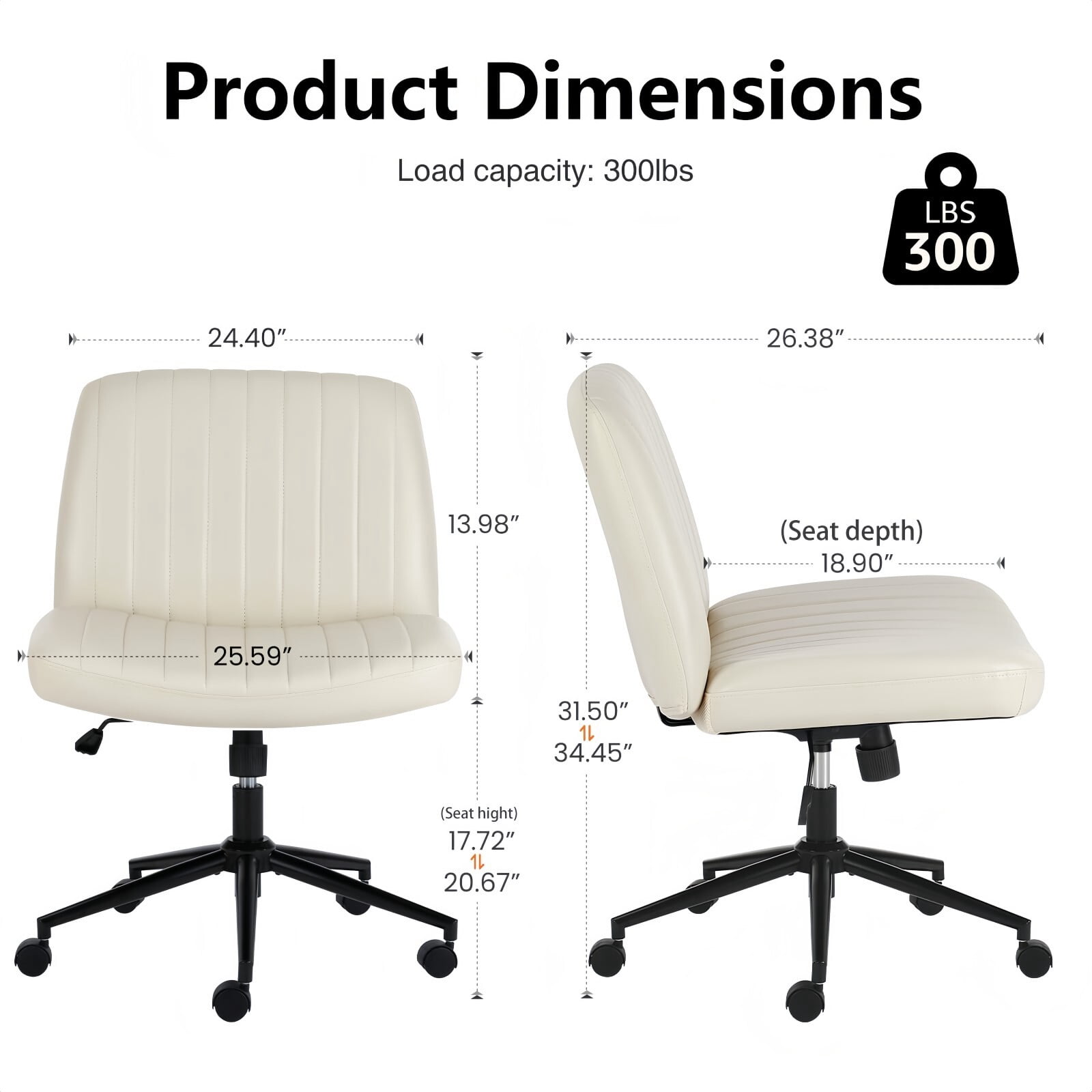 Kelno Armless Criss Cross Office Chair with Wheels 300lb Capacity Wide Seat Cross Legged Desk Chair Height Adjustable Swivel Vanity Chair, Beige PU