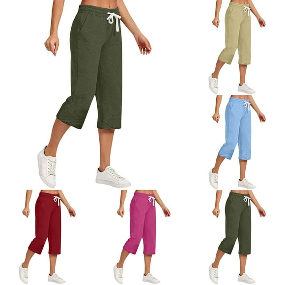 Eryao Drawstring Linen Capris Women Plus Size Elastic Waist Solid Color Pants with Pockets Summer Outdoor Sports Capri Pants,Red,XXL