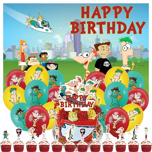 32 PCS For Phineas and Ferb Theme Kids Party Decorations,With 5*3ft Birthday Backdrop Decorations,18 Balloons,13 Cupcake Toppers Balloons,for Birthday Party Decorations