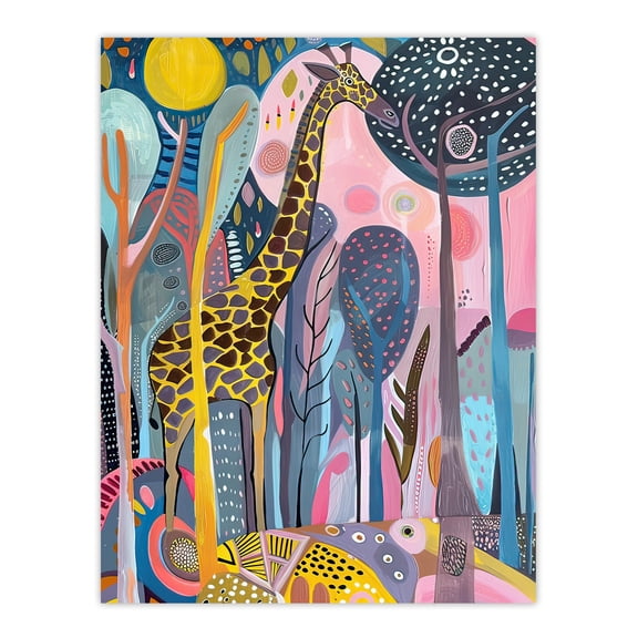 Quirky Giraffe Folk Art Colourful Trees Painting Living Room Large Wall Art Poster Print Thick Paper 18X24 Inch