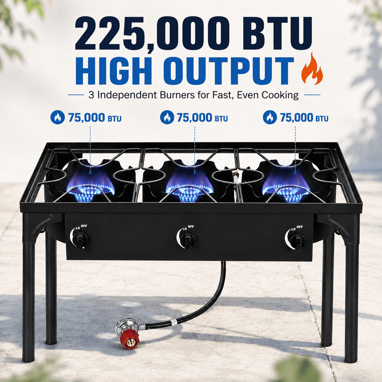 Alvantor 3 Burner Outdoor Gas Stove With Removable Legs, Adjustable 0-20 Psi Regulator, 225000 Btu