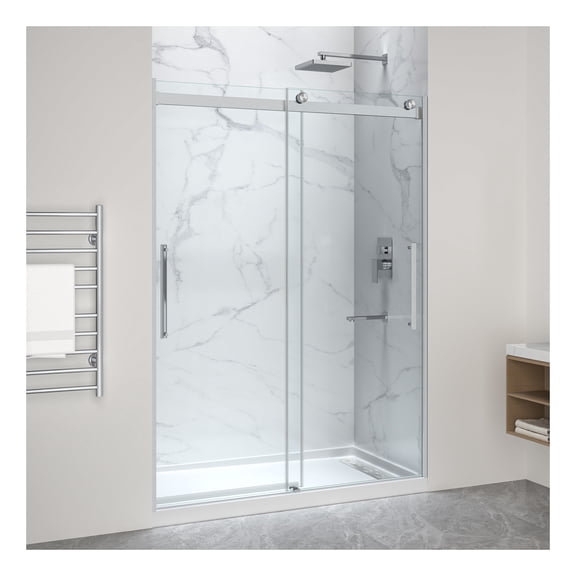 Stellar Series 76 in. x 57-60 in. Sliding Frameless Shower Door in Brushed Nickel with Alcove Right Drain Shower Base