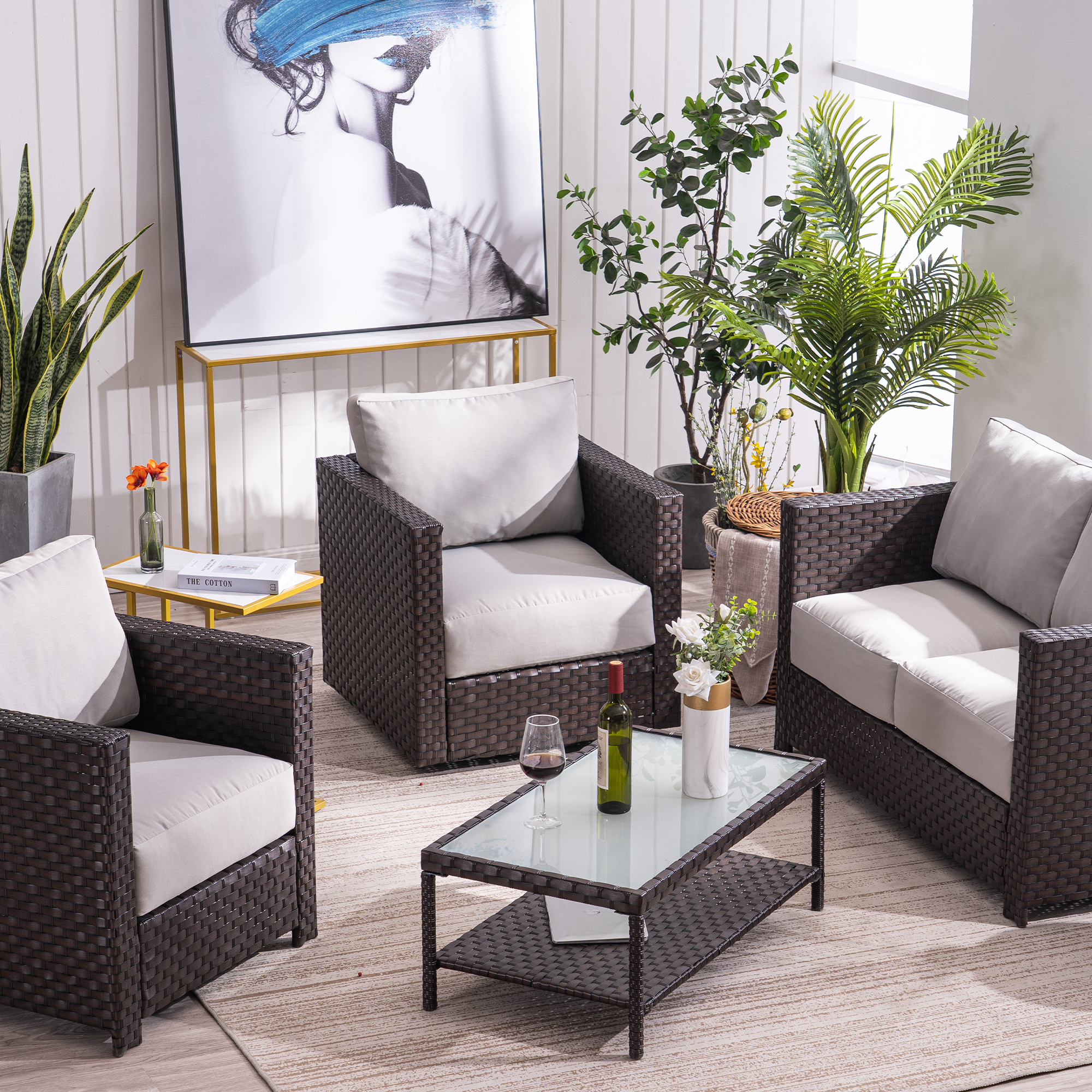 Mcombo Wicker Patio Sofa Furniture with Swivel Lounge Chair and Cushion , Coffee Table with Tempered Frosted Glass,4 Pieces Wicker Conversation Set ,Outdoor Loveseat 6082-9575EY (Grey) - image 4 of 8