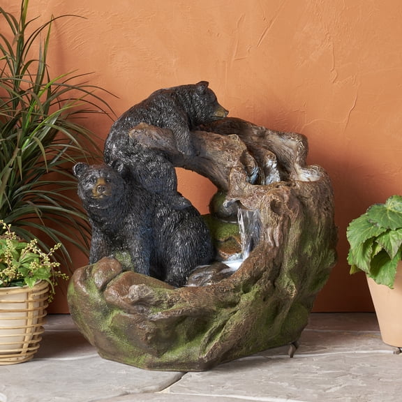 Coowa 22 Inch Outdoor Water Fountain with LED Lights, Faux Stone Bears on Log Two Tier Waterfall Design, Weather Resistant in Light Brown and Black, for Garden and Patio