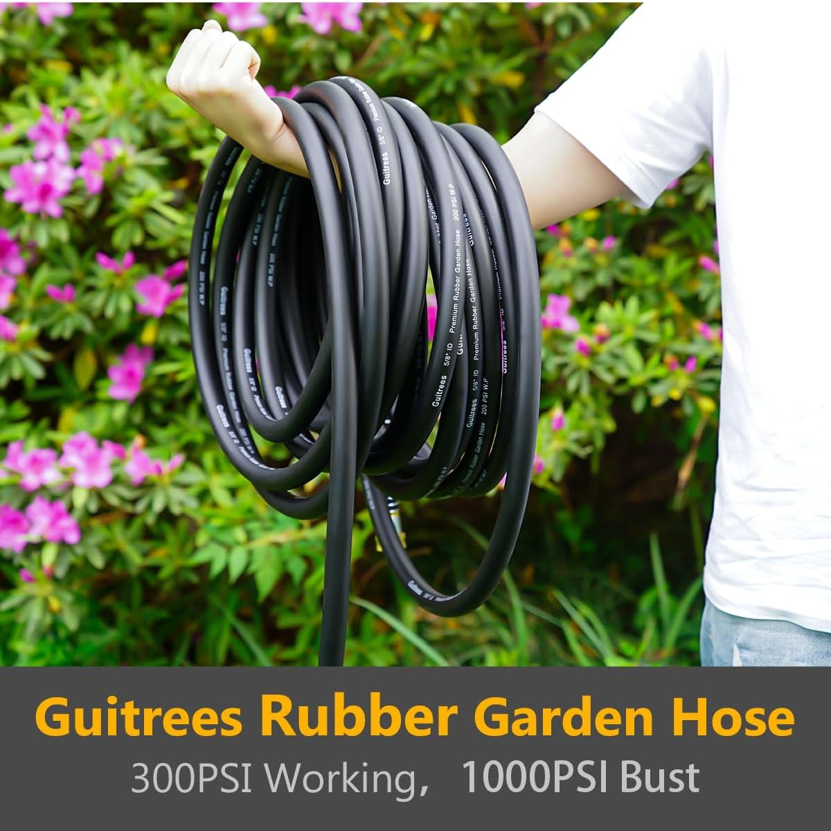 Guitrees 100FT 5/8 Heavy Duty Rubber Garden Hose - 200psi Working, 1000psi Burst - Hot/Cold Water - Five-Layered Braiding for Durability - Versatile for Gardening, Agriculture, Construction(Black)