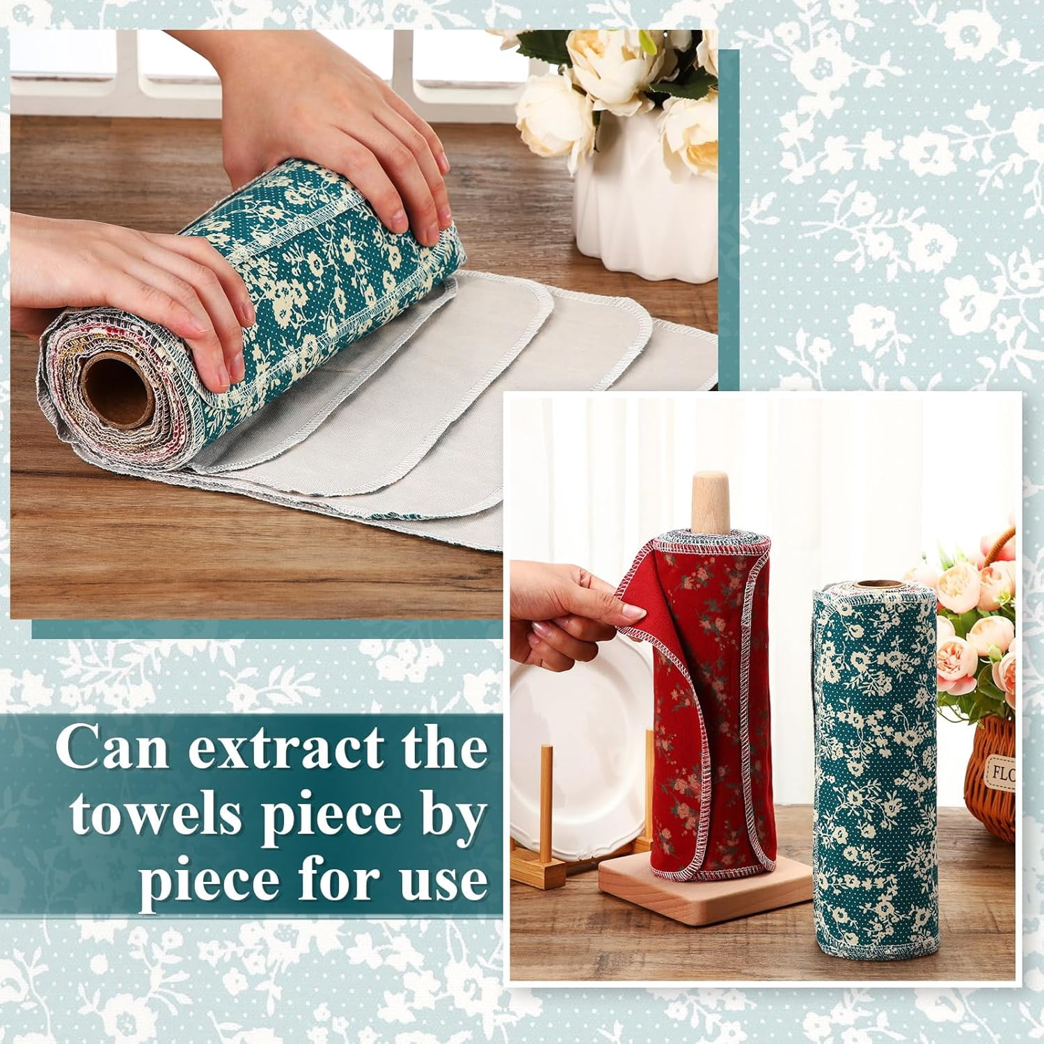50 Pcs Reusable Paper Towels Paperless Reusable Cotton Cloths Toilet Absorbent Washable Paper Towels with Roll Kitchen Dishcloth for Kitchen Paperless Dishcloths(Floral)
