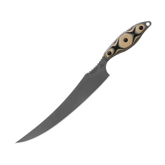 TOPS Knives Filet Knife, 8" tumbled finish 154CM stainless fillet blade, SureTouch black and tan G10 handle