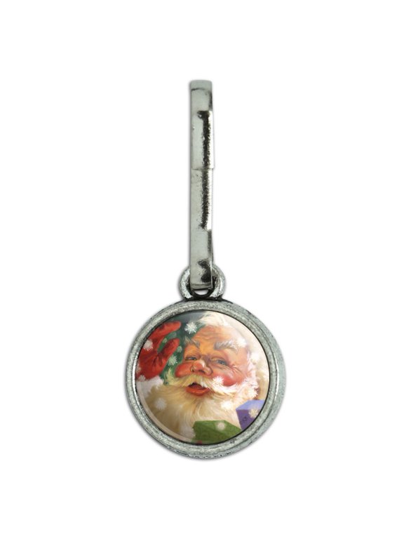 Christmas Holiday Hello Santa Claus Antiqued Charm Clothes Purse Suitcase Backpack Zipper Pull Aid