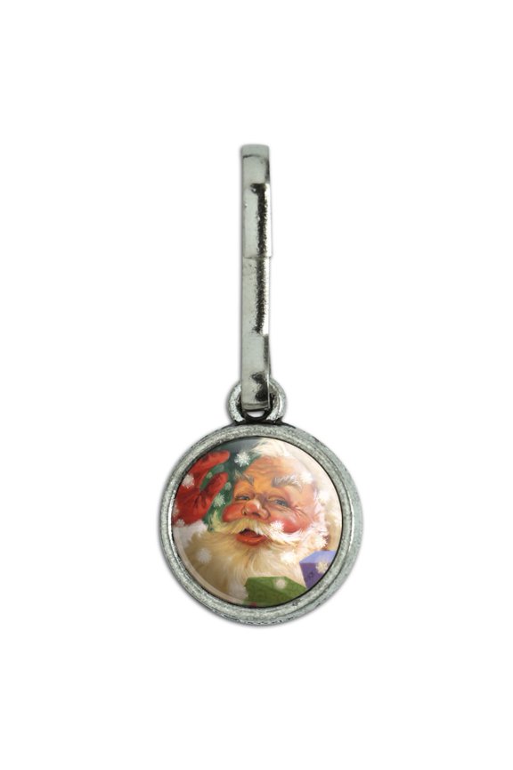 Christmas Holiday Hello Santa Claus Antiqued Charm Clothes Purse Suitcase Backpack Zipper Pull Aid