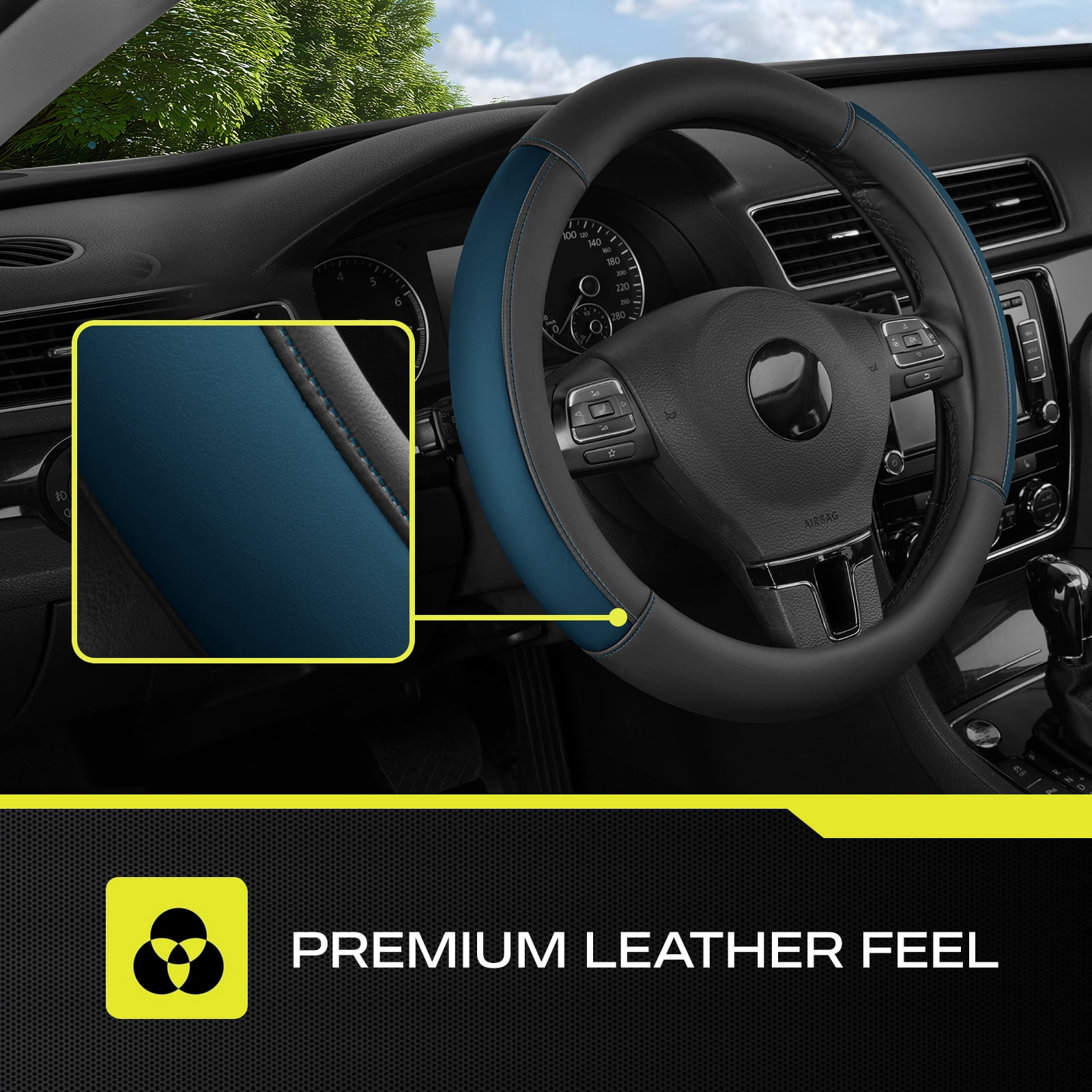 Auto Drive Steering Wheel Cover, Two-Tone Leather Steering Wheel Cover, Non-Slip Car Steering Wheel Cover Protector, Universal Fit for Cars SUV Truck, Fits 14.5"–15",Blue