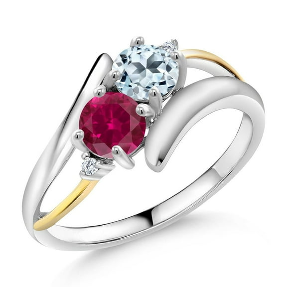 Gem Stone King 1.72 Ct Round Sky Blue Topaz Red Created Ruby 925 Silver and 10K Yellow Gold Lab Grown Diamond Two Stone Crossover Ring (Size 7)