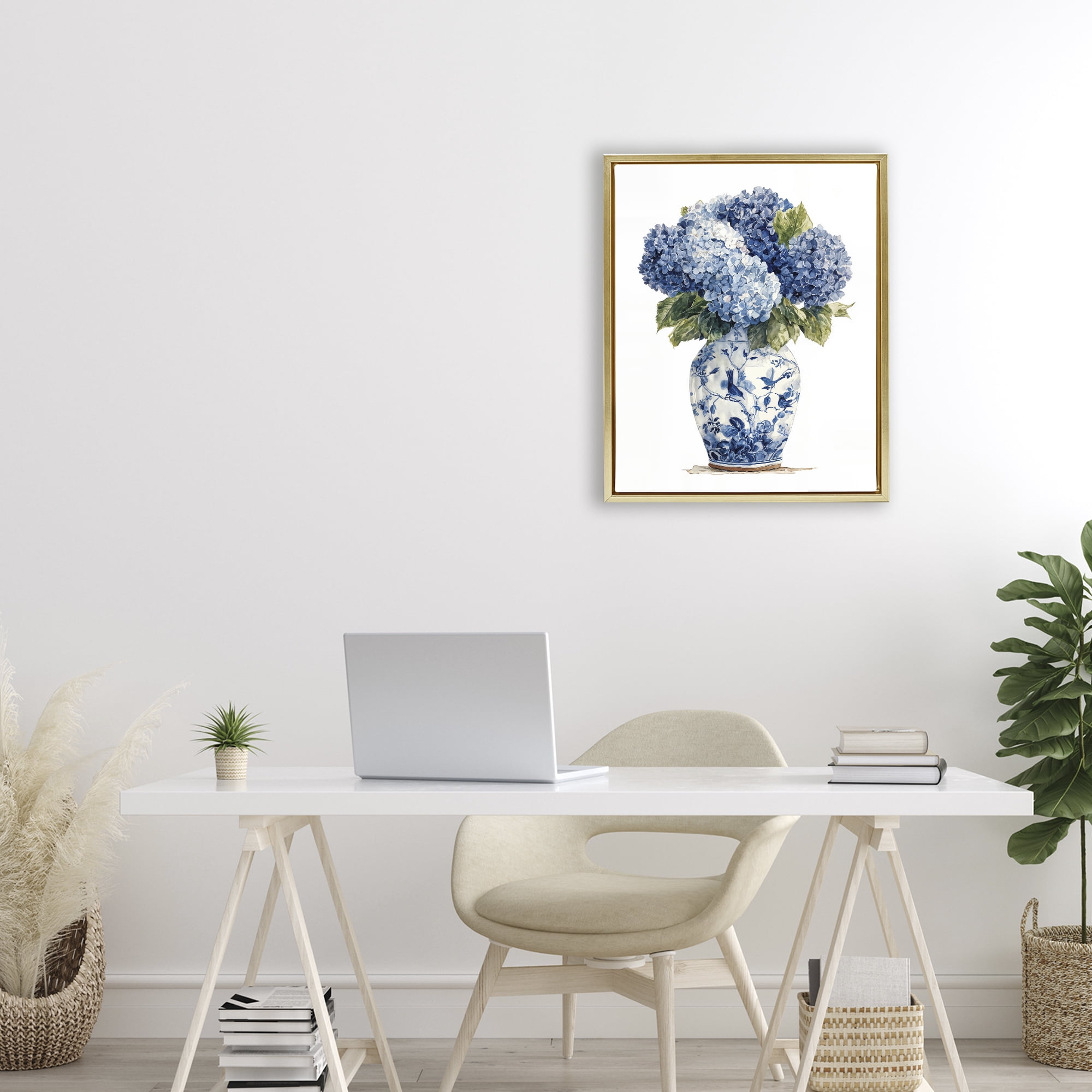 Stupell Industries Blue Hydrangeas in Porcelain Gold Framed Floater Canvas Wall Art, design by Imagine It Images