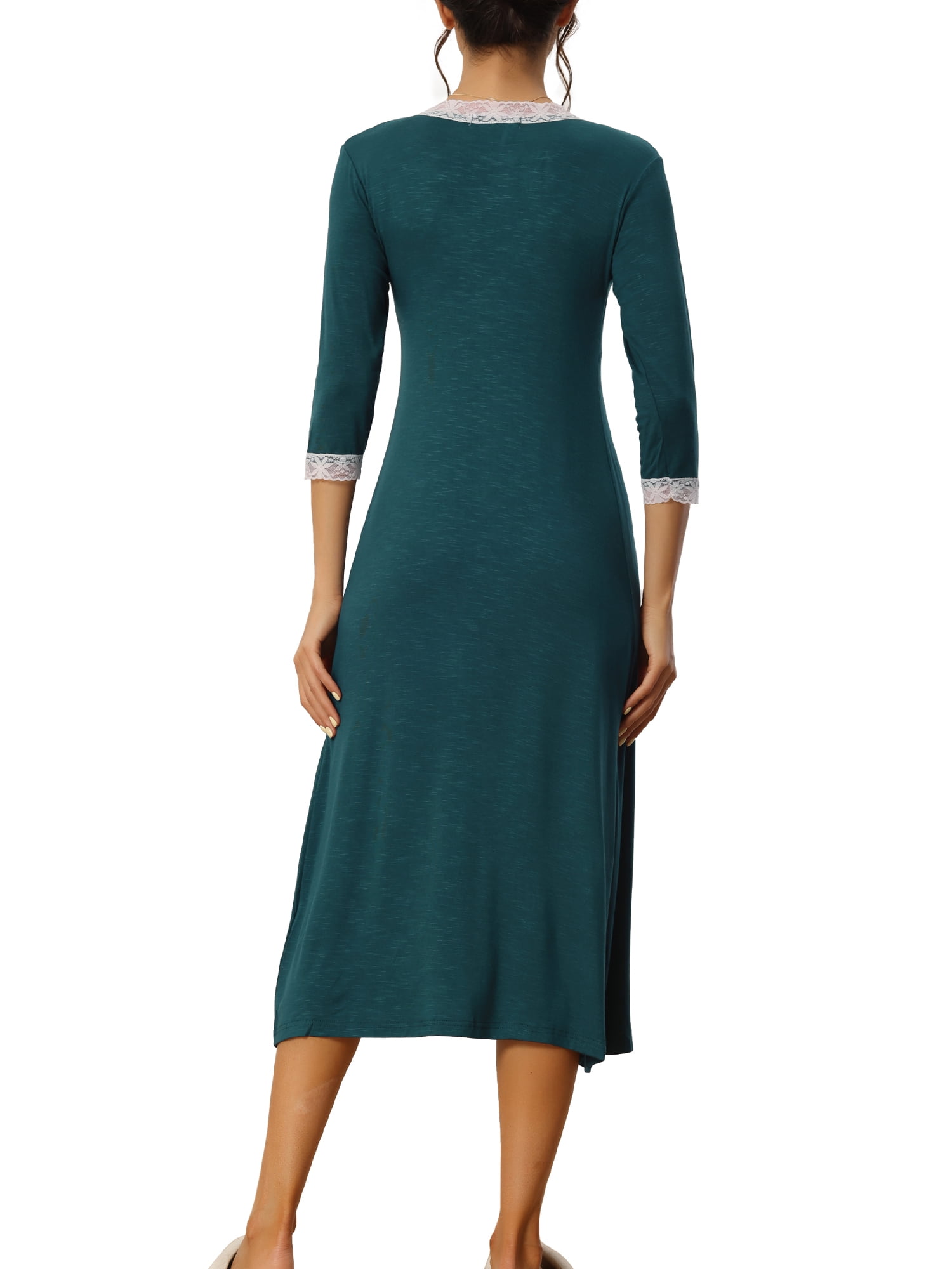 Unique Bargains Womens Sleepwear Soft Lace Trim V Neck Rayon Nightshirt Midi Nightgowns M Peacock Green