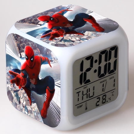 Hfnggwee Digital Alarm Clock for Kids, Cartoon Spider-Man Pattern 7 LED Color Changing Wake Up Clock with Thermometer Function and Night Light, Gift for Boys Girls A93-2292 NZ113-1029