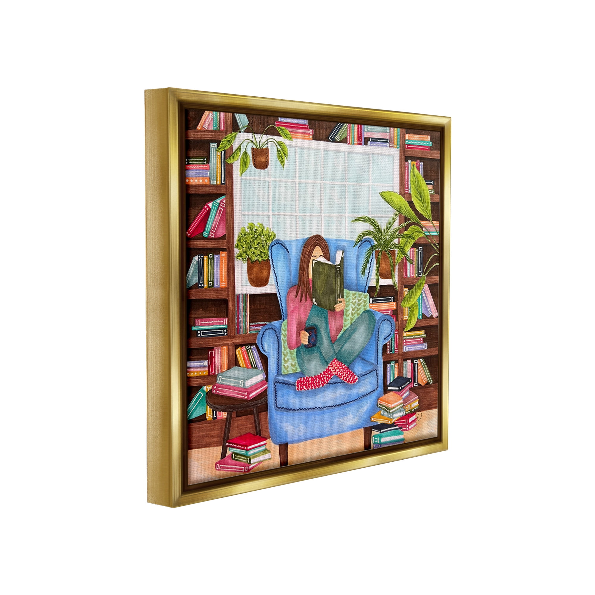 Stupell Industries Cozy Reading Corner Literature & Flim Painting Gold Floater Framed Canvas Art Print Wall Art, 25 x 25