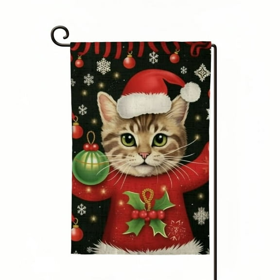 Merry Christmas Cat Garden Flag Double Sided, Welcome Christmas Ball Winter Yard Flags for Xmas Outside Outdoor Decoration (ONLY FLAG)