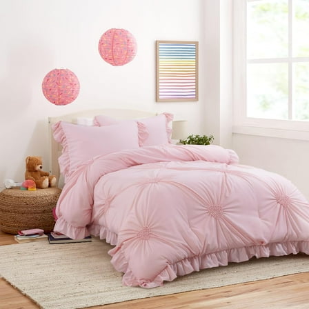 5 Piece Pink Bedding Comforter Set for Girls with Matching Sheets and Shams, Twin Size Blush Pinch Pleat Comforter Set with Ruffles for All Season