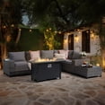 thumbnail image 4 of JOIVI 7 Pieces Wicker Patio Furniture Set 5-Seat Outdoor Conversation Set with 45-Inch Fire Pit Table, 8'' Wide Armrest Modular Rattan Outdoor Sectional Sofa Set, Gray, 4 of 11
