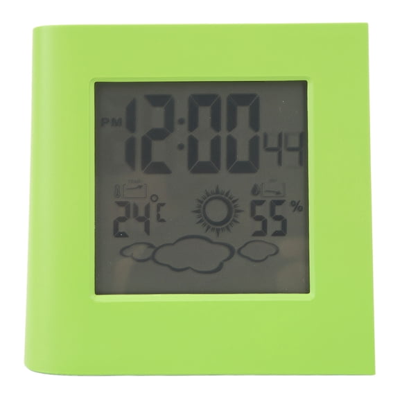 Reloj despertador con energía solar y doble batería, pronóstico del tiempo, temperatura y humedad, color verde.