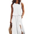 thumbnail image 3 of Women's Crew Neck Sleeveless Elastic Waist Slit Maxi Dress White S, 3 of 6
