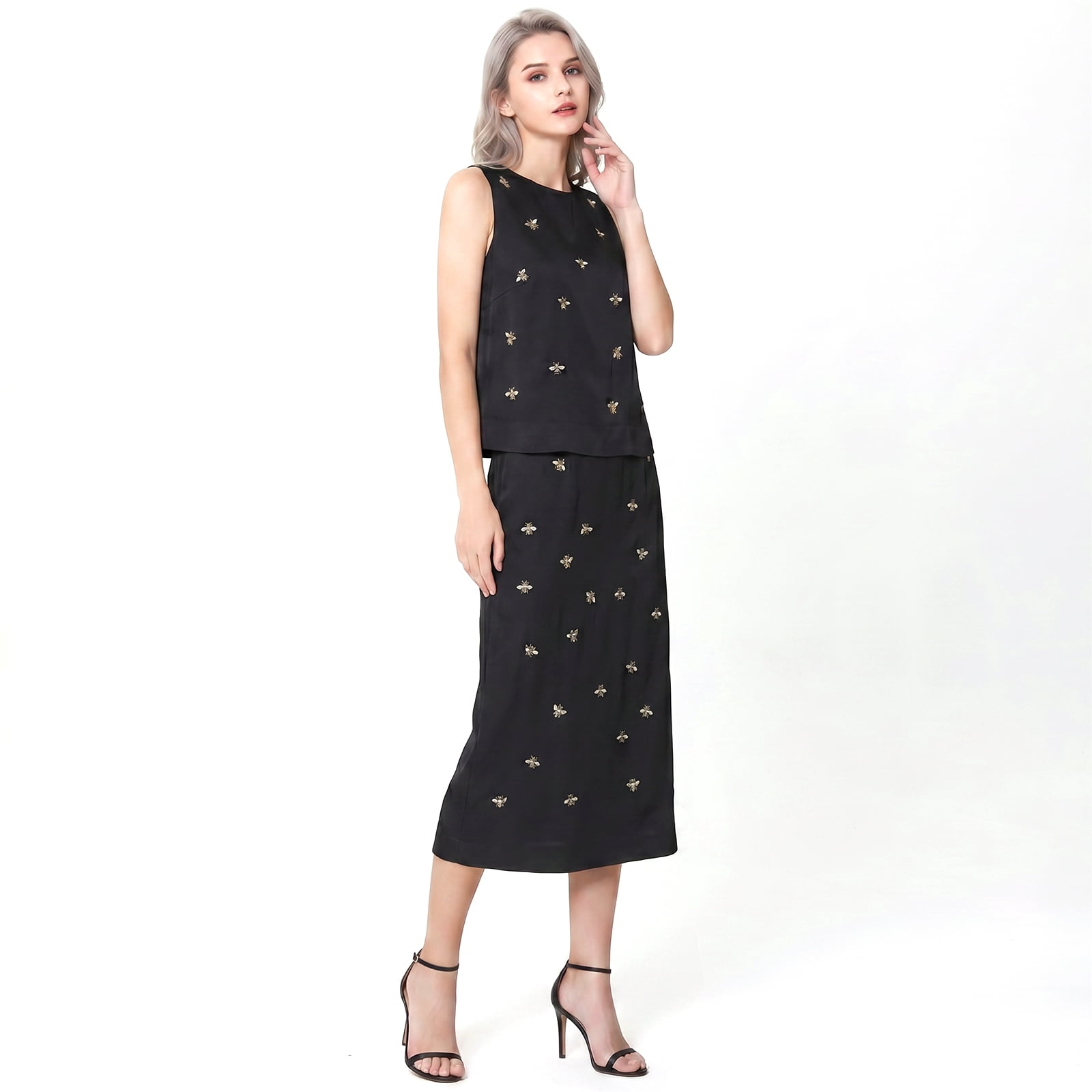 Alvantor Women's Embellished Midi Skirt, Pull-On Style with Gathered Waist and Stretch Lining, Black
