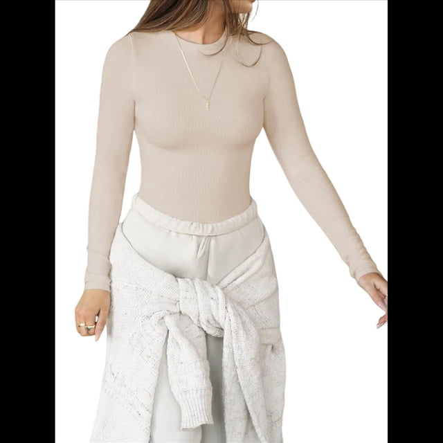 Camisetas Básicas de Cuello Redondo y Larga para Mujer, Corte Ajustado, Ropa Informal para Salir y Hacer Ejercicio, Camisetas de Punto Acanalado. Albaricoque L