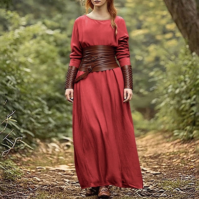 Taylonsss Robe Médiévale Rétro pour Femmes Couleur Unie Col Rond Manches Longues Ajustée Style Vintage